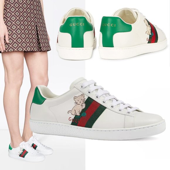 GUCCI SNEAKERS NEW ACE KITTEN WHITE LEATHER SHOES w WEB sz 41 11 - Picture 1 of 16